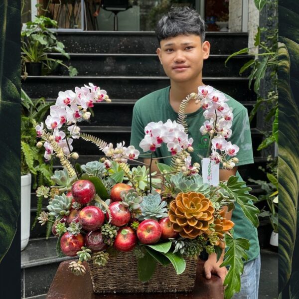 Giỏ Sen Đá Mix Lan Hồ Điệp và Trái Cây Nhập Khẩu – Tặng quà Kỷ Niệm Ngày Cưới Cho Bạn Bè