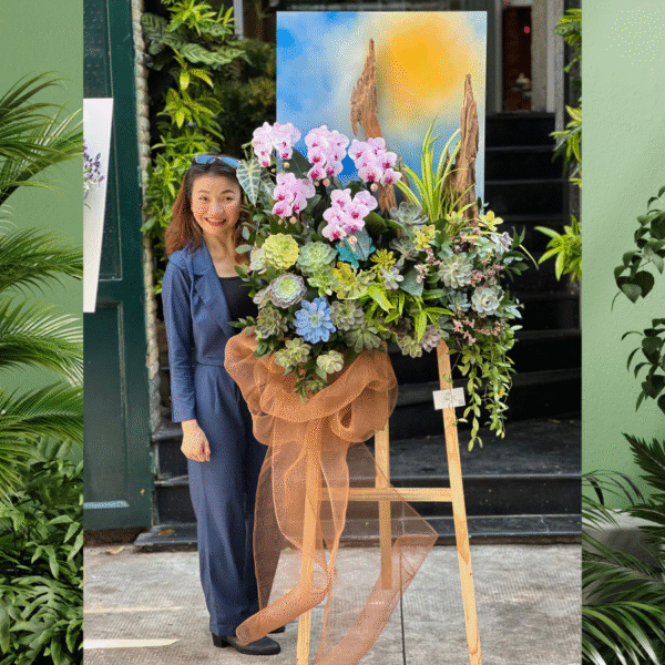 Kệ Tranh Lan Hồ Điệp Mix Sen Đá Decor Cùng Lũa Gỗ – Background Khai Trương Độc Lạ