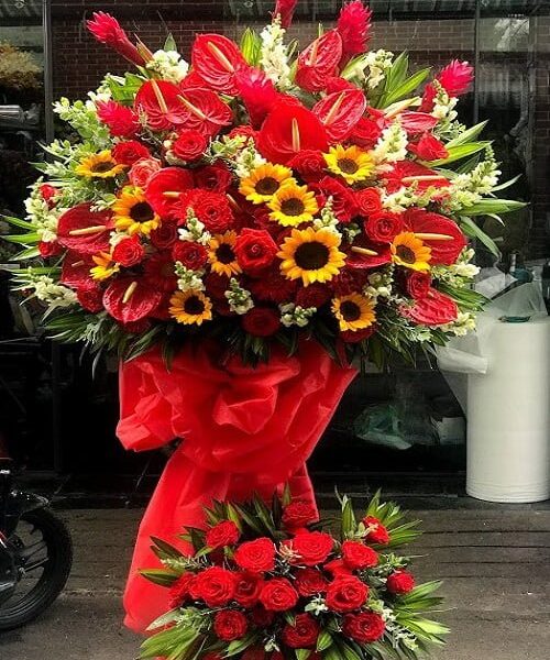 Hoa Tươi Khai Trương Màu Đỏ May Mắn Phát Tài [Kệ 2 Tầng]