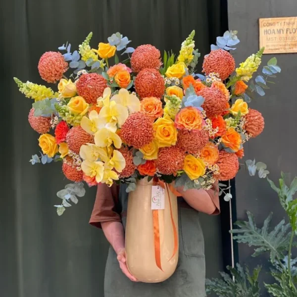 Lẵng Hoa Để Bàn Sang Trọng: “Hoa Cúc Mẫu Đơn Đẹp Màu Nâu Socola”