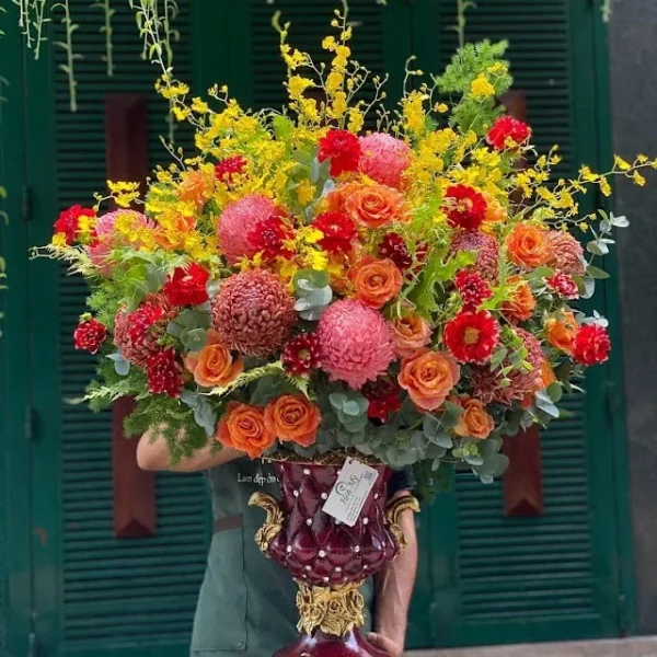 Hoa Hồng Mừng Khai Trương –Bình Hoa Tone Màu Cam Rực Rỡ