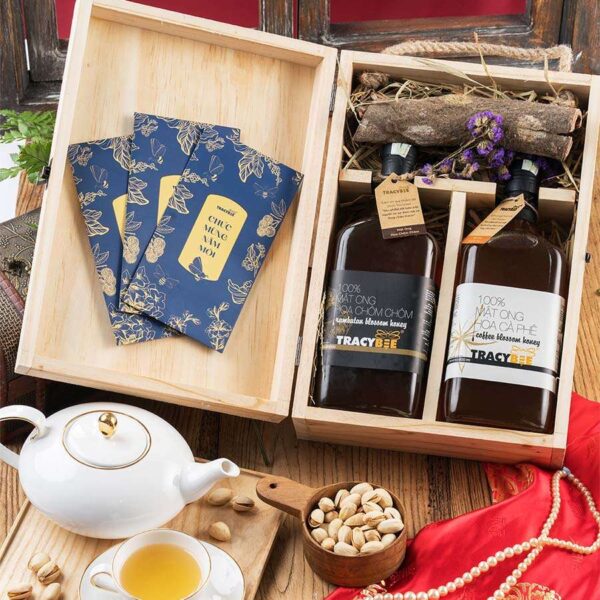 Hộp quà gỗ đôi mật ong hoa cà phê và chôm chôm 850g