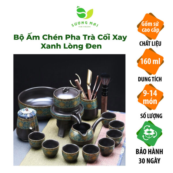 Bộ Ấm Chén Pha Trà Cối Xay SM007 Xanh Lòng Đen