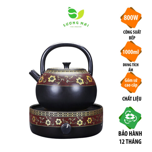 Bộ Ấm Đun Nước Gốm Sứ Cao Cấp Và Bếp Hồng Ngoại Hoa Cẩm Đẹp, Sang Trọng, Đẳng Cấp