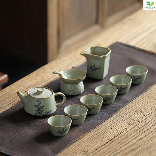 Bộ Ấm Chén Gốm Nhật Hoa Xám Mùa Thu 9 Món