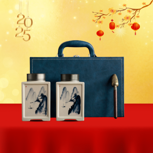 Set Hũ Đựng Trà Lọ Sứ Vuông, Hộp Da